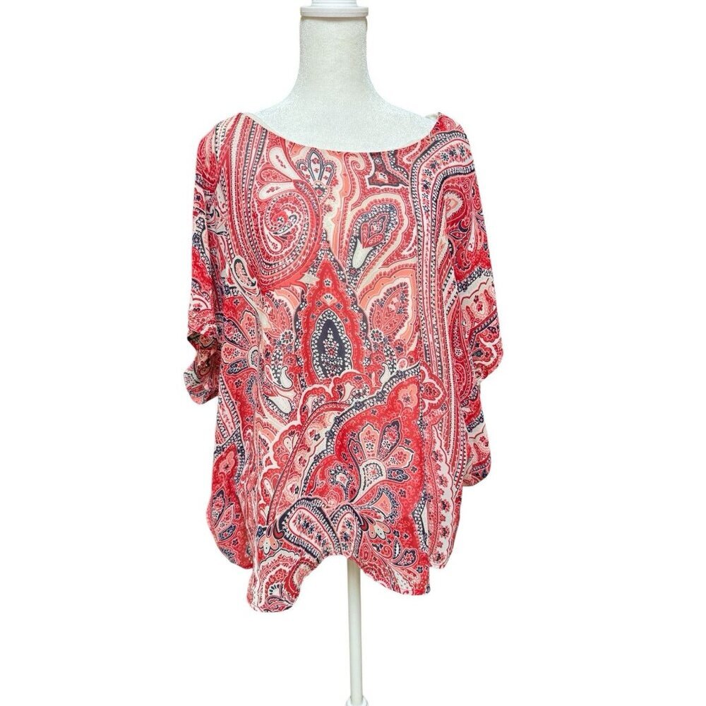Style & Co XXL Paisley Tunic Blouse Red White Dolman Sleeve Flowy Top
